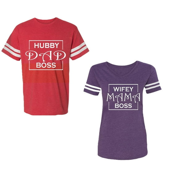 Hubs Dad Mama Boss Unisex Couple Matching Cotton Jersey style T-Shirt Contrasting stripes on sleeves (Men Red / Women Purple) (Men XL / Women M)