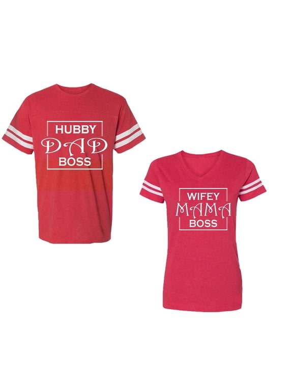 Hubs Dad Mama Boss Unisex Couple Matching Cotton Jersey style T-Shirt Contrasting stripes on sleeves (Men Red / Women Red) (Men M / Women M)