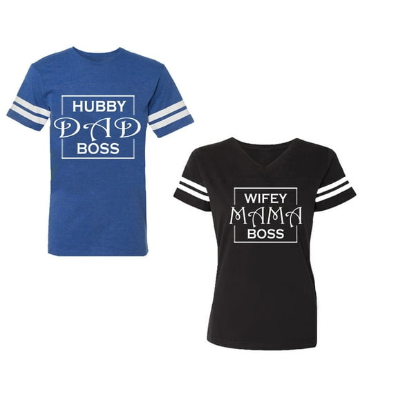 Hubs Dad Mama Boss Unisex Couple Matching Cotton Jersey style T-Shirt Contrasting stripes on sleeves (Men Royal / Women Black) (Men XXXL / Women XXL)