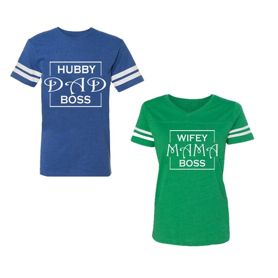 Hubs Dad Mama Boss Unisex Couple Matching Cotton Jersey style T-Shirt Contrasting stripes on sleeves (Men Royal / Women Green) (Men L / Women XXL)