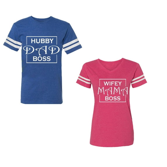 Hubs Dad Mama Boss Unisex Couple Matching Cotton Jersey style T-Shirt Contrasting stripes on sleeves (Men Royal / Women Pink) (Men XL / Women XL)