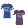 thumbnail image 1 of Hubs Dad Mama Boss Unisex Couple Matching Cotton Jersey style T-Shirt Contrasting stripes on sleeves (Men Royal / Women Purple) (Men M / Women XXL), 1 of 3