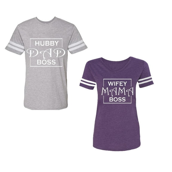 Hubs Dad Mama Boss Unisex Couple Matching Cotton Jersey style T-Shirt Contrasting stripes on sleeves (Men Heather / Women Purple) (Men XL / Women XXL)