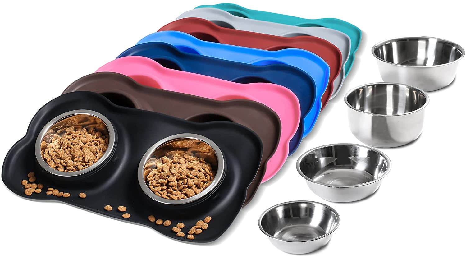 Dog Bowls & Mat Set - Stainless Steel Bowls Set in a No Mess, No Spill, Non  Skid, Silicone Mat. Food & Water Bowls for Dogs or Cats - grey