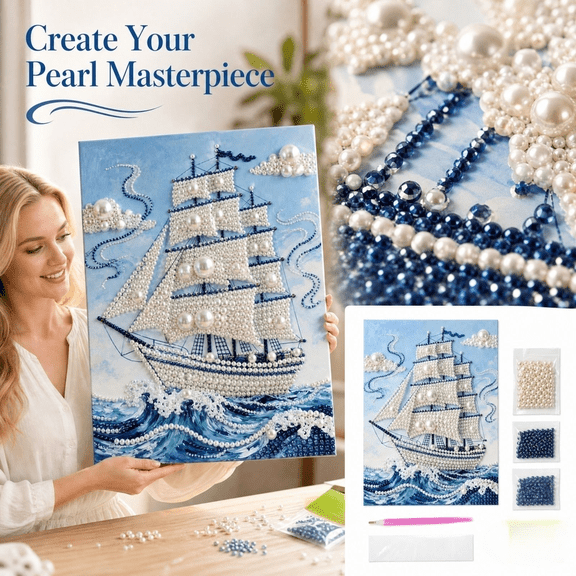 Huchen Diamond Art, Diamond Art Pearl Painting Kits for Adults,Special Shape Diamond Art Kits for Sailboat, DIY 3D Plastic Pearl Painting Kit for Home Wall Decoration 15.8*11.8in