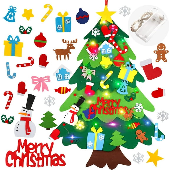 Huchen Felt Christmas Tree Set for Toddlers Kids with Led String Light，3.2ft Wall Hanging DIY Christmas Tree with Detachable Ornaments for Xmas Gifts Home Decoration