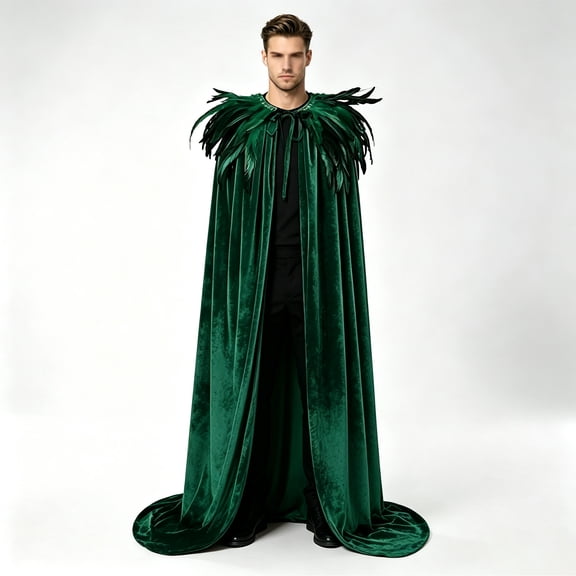 Huchen Long Velvet Cape with Feather Shoulder Collar, Halloween Cosplay Costume Cloak for Masquerade Party Stage Performance, 1 Piece, Red Black White Green Available (Green)