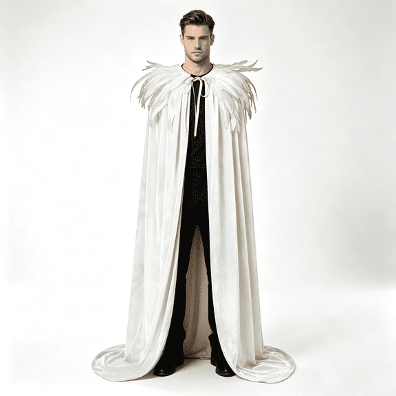 Huchen Long Velvet Cape with Feather Shoulder Collar, Halloween Cosplay Costume Cloak for Masquerade Party Stage Performance, 1 Piece, Red Black White Green Available (White)