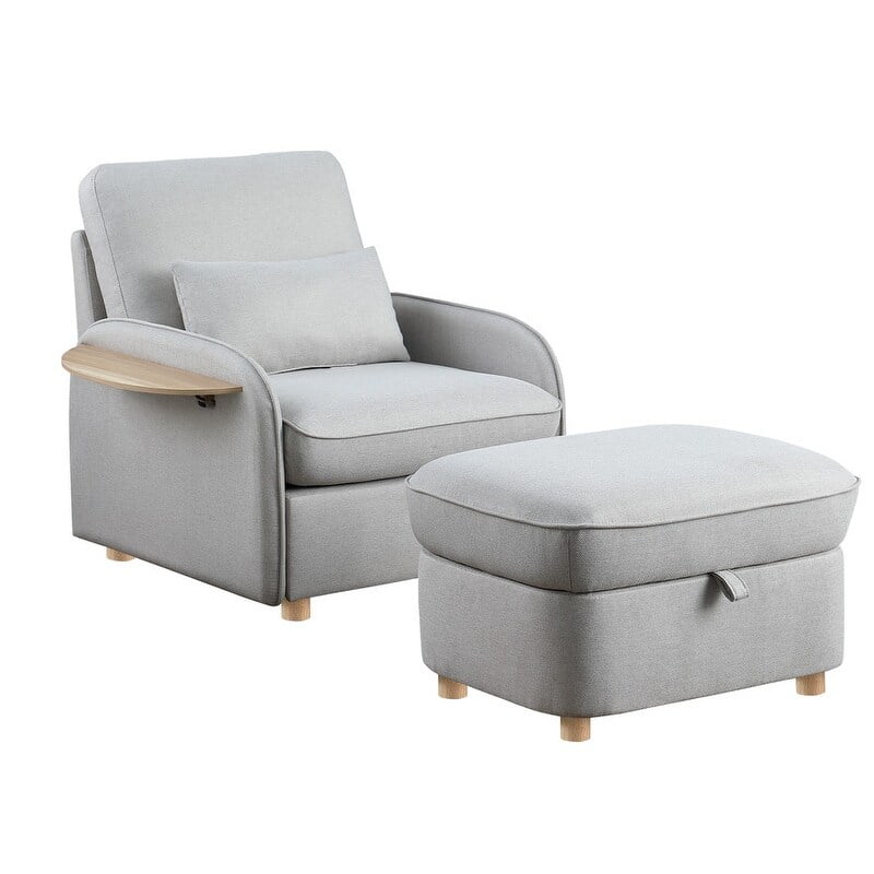 Huckleberry Linen Arm Chair with Storage Ottoman and Folding Side Table