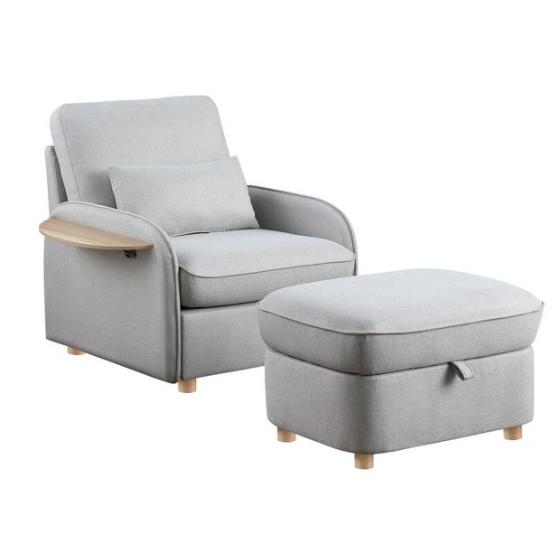 Huckleberry Linen Arm Chair with Storage Ottoman and Folding Side Table Light Gray