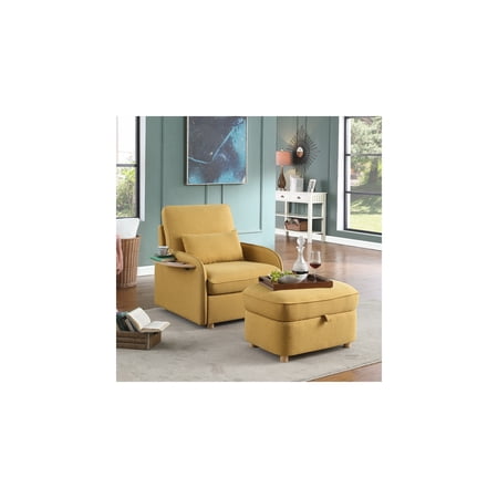 Huckleberry Linen Arm Chair with Storage Ottoman and Folding Side Table Yellow