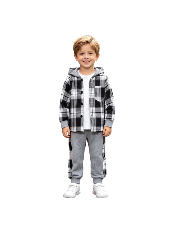 6T Boy Clothes Toddler Boys Plaid Hooded Long Sleeve Shirt and Jogger Pants Set 2 Piece Cotton Outfit Comfy Clothing for School Fall, 3-7 Years