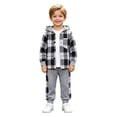 thumbnail image 1 of Hudaneo 7T Boy Clothes Kids Boys Long Sleeve Plaid Hooded Button Up Shirt and Pants Set 2 Piece Casual Cotton Outfit for School Play Daily, 3-7 Years, 1 of 9
