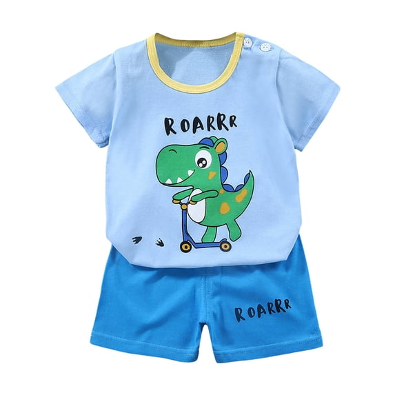 Hudaneo Baby Boy Summer Clothes Cartoon T-shirt Outfits Elastic Waist Pockets Shorts Set 2 Piece Outfit, Sky Blue 6-12M