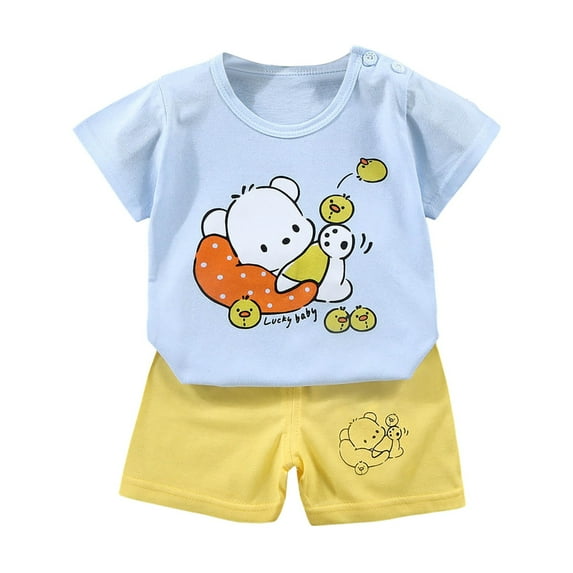 Hudaneo Baby Boy Summer Clothes Funny Graphic T Shirt Outfits Short Sleeve Top T shirt shorts Set 2 Piece, Light Blue 6-12M