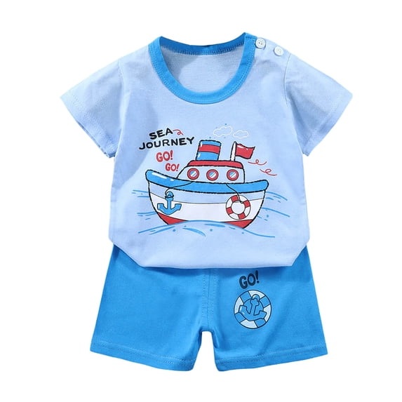 Hudaneo Baby Boy Summer Clothes Kids Cotton Outfits Patchwork Short Sleeve T Shirt & Shorts Sets with Pockets, Sky Blue 6-12M
