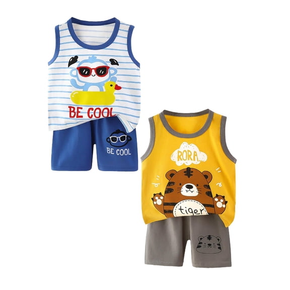 Hudaneo Boy Clothes Toddler Baby Boys 4 PCS Summer Outfits Sleeveless Cotton Dinosaur T-Shirt Shorts Set, 3 Months-6T