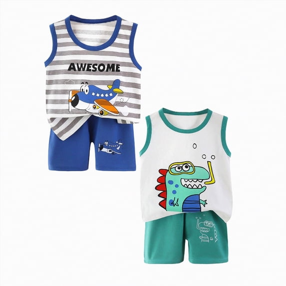 Hudaneo Boy Clothes Toddler Baby Boys 4 PCS Summer Outfits Sleeveless Cotton Dinosaur T-Shirt Shorts Set, 3 Months-6T