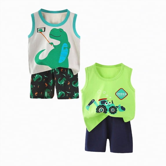 Hudaneo Boy Clothes Toddler Baby Boys 4 PCS Summer Outfits Sleeveless Cotton Dinosaur T-Shirt Shorts Set, 3 Months-6T