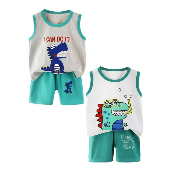Hudaneo Boy Clothes Toddler Baby Boys 4 PCS Summer Outfits Sleeveless Cotton Dinosaur T-Shirt Shorts Set, 3 Months-6T