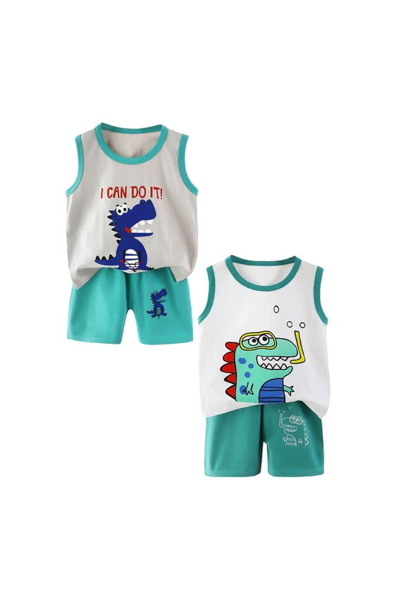 Boy Clothes Toddler Baby Boys 4 PCS Summer Outfits Sleeveless Cotton Dinosaur T-Shirt Shorts Set, 3 Months-6T