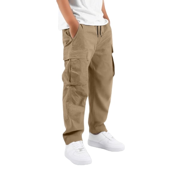 Hudaneo Boys Cargo Pants Elastic Waist Baggy Straight Leg Pants for School Uniform, 5-16 Years