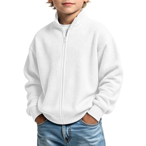 Hudaneo Boys Full Zip Sweater Pullover Waffle Knit Sweatshirt Tops, 3-14 Years