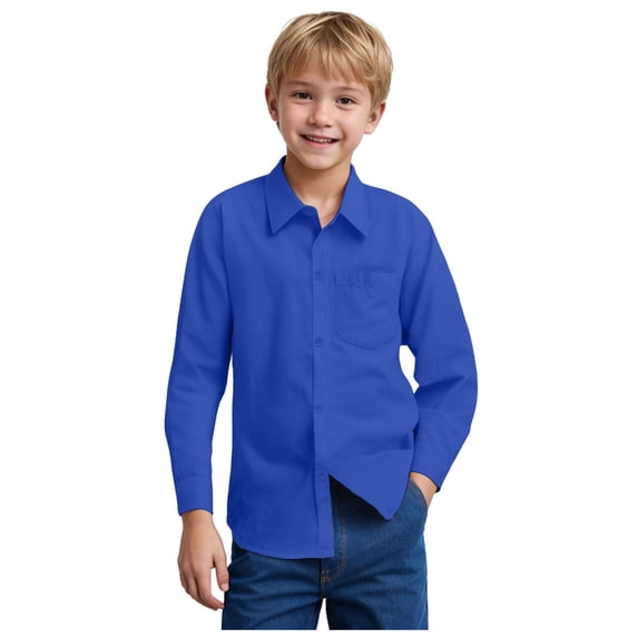 Hudaneo Boys Long Sleeve Dress Shirts for Formal & Casual Solid Classic Collared Button-Down Tshirt with Chest Pocket, 5-14 Years
