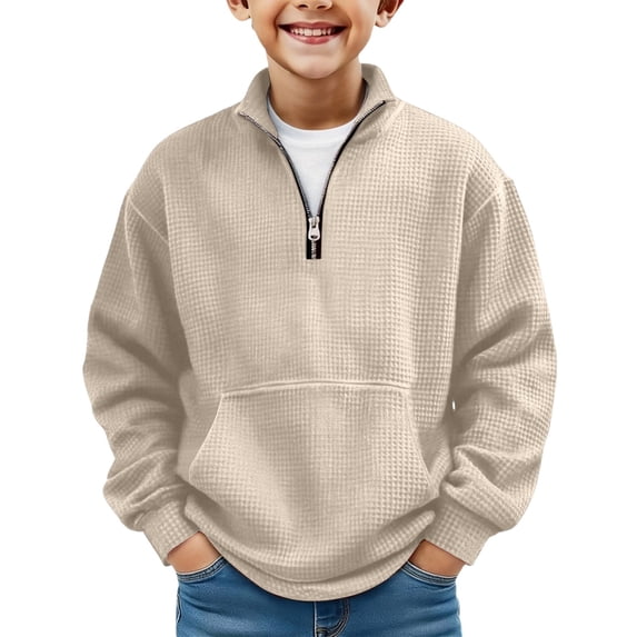 Hudaneo Boys Long Sleeve Pullover Quarter Zip Waffle Knit Sweater Tops, 3-14 Years