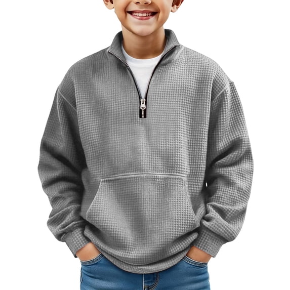 Hudaneo Boys Long Sleeve Pullover Quarter Zip Waffle Knit Sweater Tops, 3-14 Years