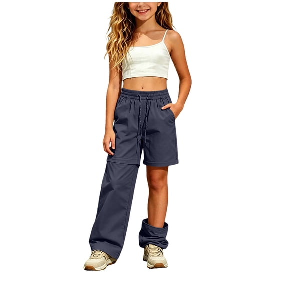 Hudaneo Girls Cargo Hiking Pants Kid Convertible Zip-Off Outdoor Pants with Drawstring & Pockets Water Resistant Joggers, Navy 9-10 Years
