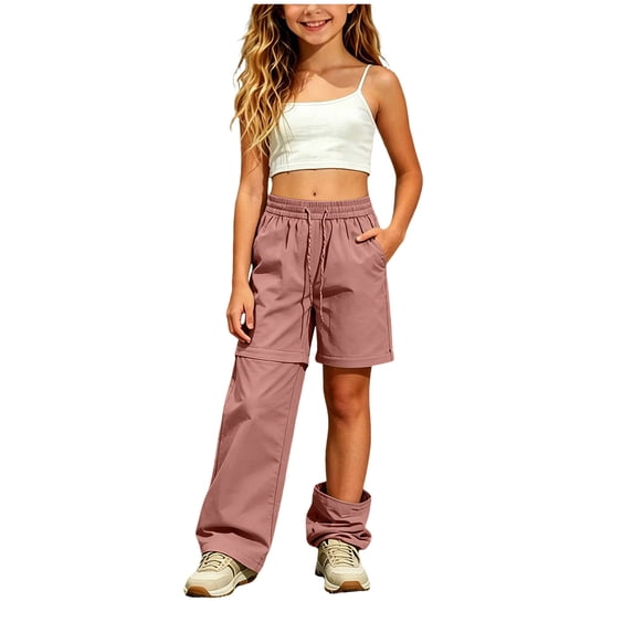 Hudaneo Girls Cargo Hiking Pants Kid Convertible Zip-Off Outdoor Pants with Drawstring & Pockets Water Resistant Joggers, Pink 7-8 Years