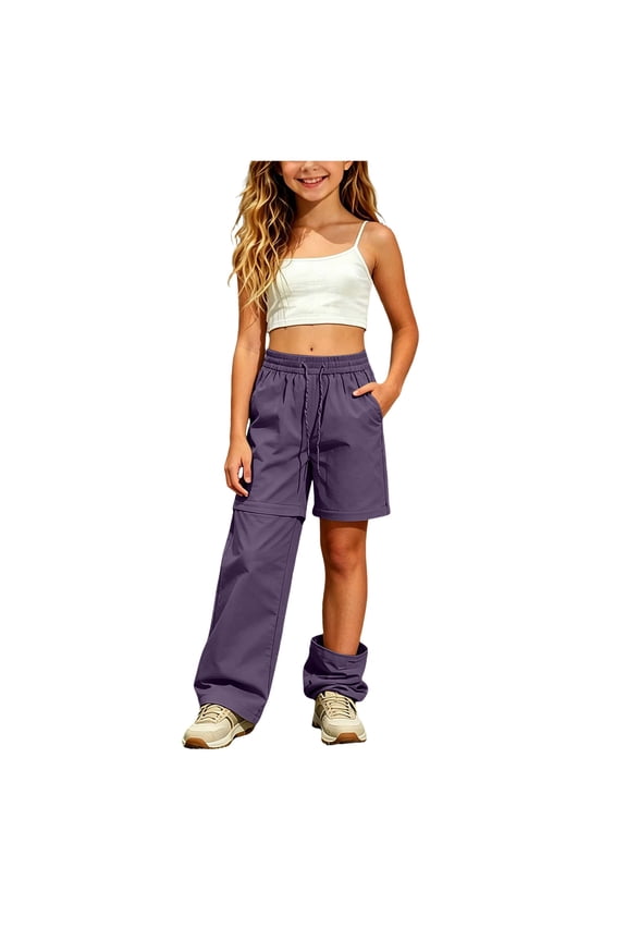 Girls Cargo Hiking Pants Kid Convertible Zip-Off Outdoor Pants with Drawstring & Pockets Water Resistant Joggers, Purple 9-10 Years