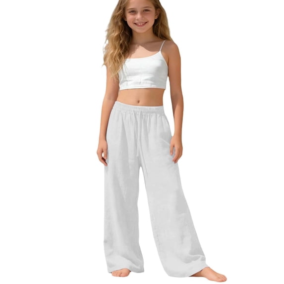 Hudaneo Girls Linen Pants Wide Leg Pants Casual Summer Beach Palazzo Pants Flowy Boho Lounge Trousers with Pockets, Beige 14-15 Years