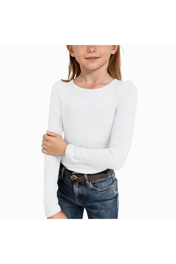 Girls Long Sleeve Shirts Kids Crew neck T-Shirts Spring Summer Tops Tees, White 5-6Y