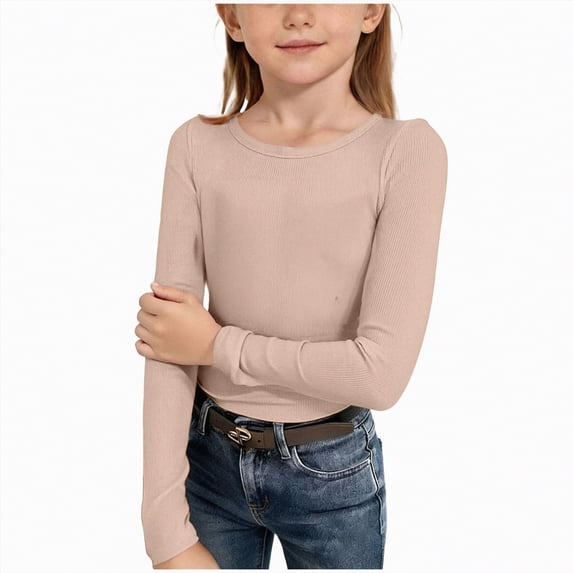 Hudaneo Girls Long Sleeve Shirts Tees - Crew Neck Soft T Shirts, Beige 5-6Y