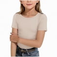 thumbnail image 1 of Hudaneo Girls Short Sleeve T Shirts Kids Crewneck Spring Tops Basic Tees, Beige 11-12Y, 1 of 4