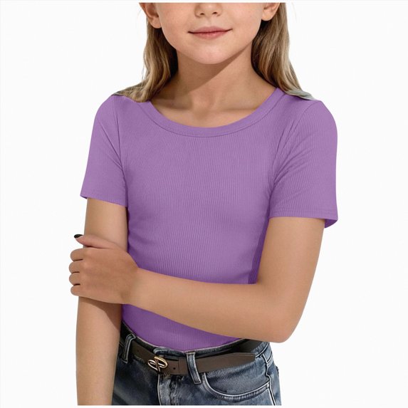 Hudaneo Girls Short Sleeve T Shirts Kids Crewneck Spring Tops Basic Tees, Purple 11-12Y