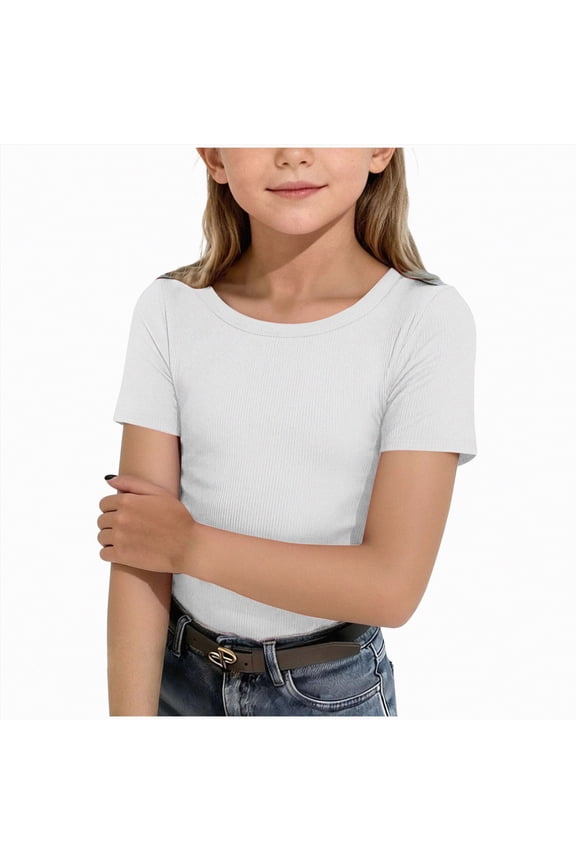 Girls Short Sleeve T Shirts Kids Crewneck Spring Tops Basic Tees, White 5-6Y