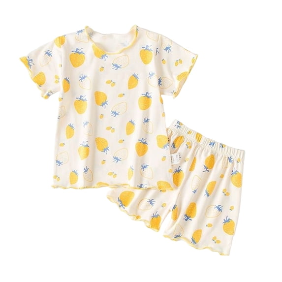 Hudaneo Kids Girls Cute Print Outfit Set Short Sleeve Wavy Hem Lounge, 6M-6Y