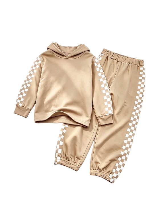 Kids Girls Sporty Checkerboard Crop Hoodie and Jogger Pants Set Long Sleeve Activewear Tracksuit, 5-14 Years