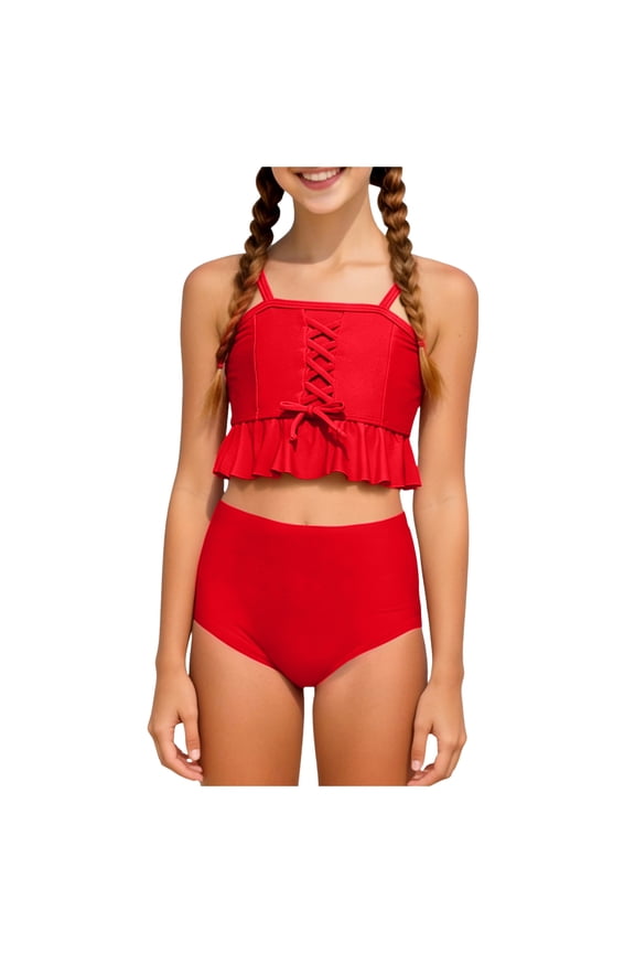 Teen Girls Swimsuits 2 Piece Bikini Sets Bow High Waist Swimsuit Size 3-14 Years