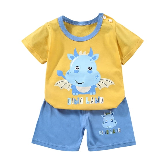 Hudaneo Toddler Boy Clothes Cartoon T-shirt Outfits Elastic Waist Pockets Shorts Set 2 Piece Outfit, Yellow 3-6M