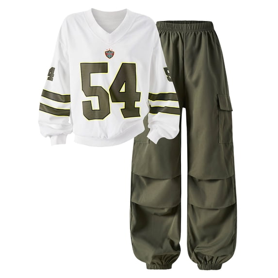 Hudaneo Tween Girls Number Print Long Sleeve Jersey and Cargo Pants 2 Piece Matching Set, Green 9-10 Years