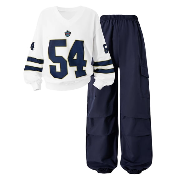 Hudaneo Tween Girls Number Print Long Sleeve Jersey and Cargo Pants 2 Piece Matching Set, Navy 9-10 Years