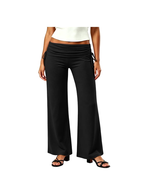 Womens Pants Going Out Flowy Pants Streetwear, Women Fold Over Capri Pants Wide Leg Pants, Black XXL