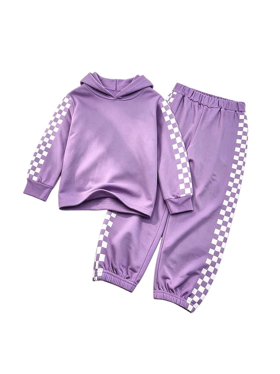 Youth Girls Long Sleeve Checkerboard Crop Hoodie and Track Pants Set 2 Piece Athletic Outfit, 5-14 Years