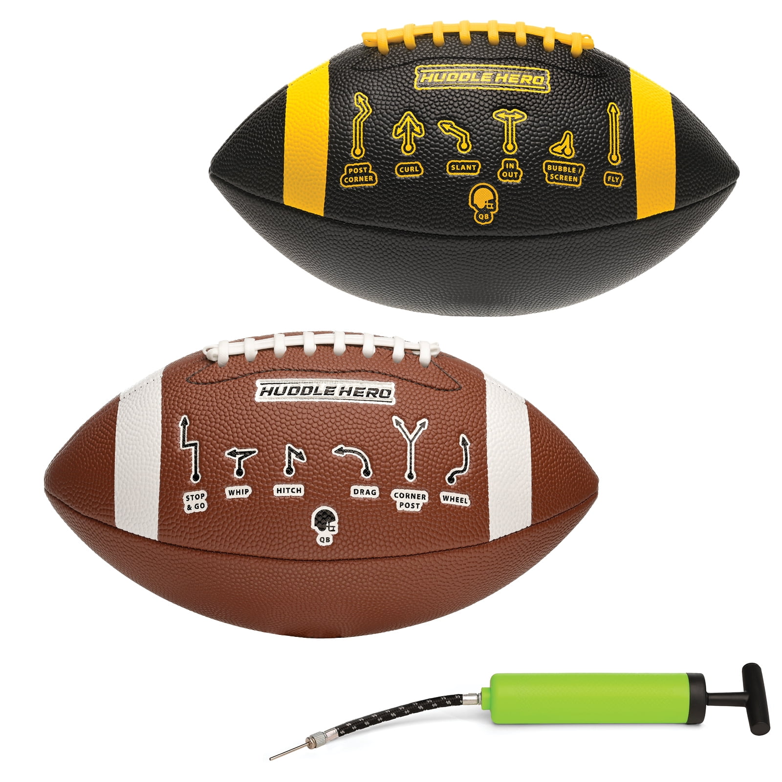 Huddle Hero Mini Football 2-Pack w/ Pump (Black/Green and Brown/White) (Black and Orange, Mini)