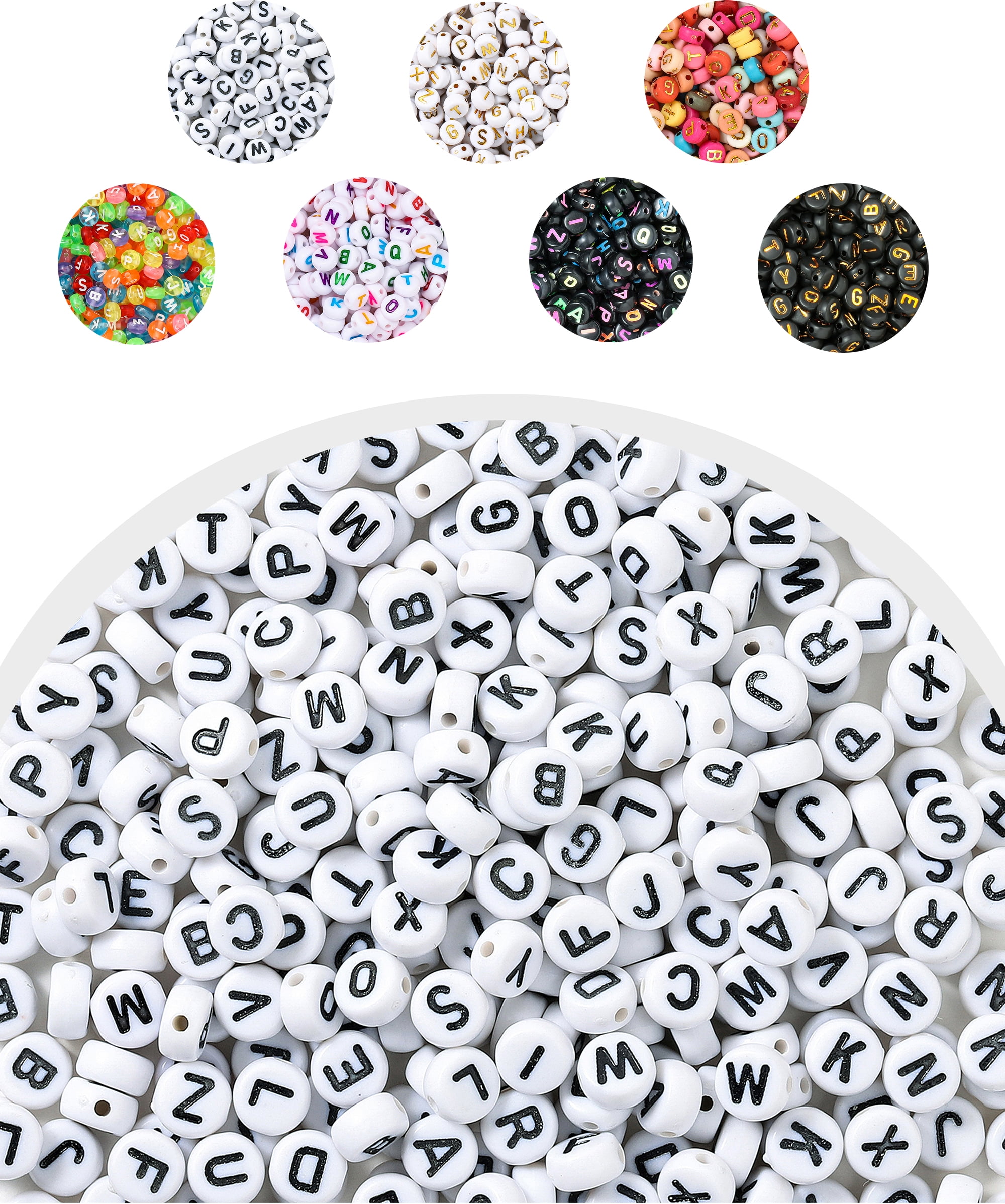 Hudinsun 1000 Pieces 4x7mm Round Letter Beads Kit, A-Z Mixed Alphabet Beads for Bracelets and Jewelry Making(Black Letter White Bead)