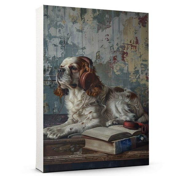 Hudo Clumber Spaniel Dog read Book Painting Wall Art, Cute dog Headphones - Funny Dog Canvas Poster for Kids' Room Decor Ready to Hang